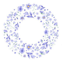 Round frame with watercolor very peri flowers