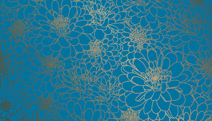 Golden chrysanthemum flowers in hand drawn line art on teal background. Decorative print for wallpapers, wrappings, wedding invitations, greetings, backdrops.