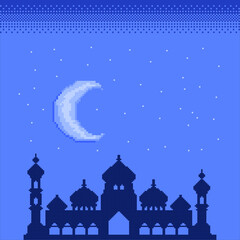 pixel art ramadan background with shadow mosque and beautiful sky full of stars