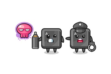 keyboard button cartoon doing vandalism and caught by the police