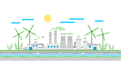 Obraz premium Industrial factory plant sustainability development environmentally ecology friendly on white background flat vector design.