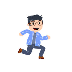 Little boy with glasses runs around. Happy smart child. Cute Character in blue clothes. Flat cartoon