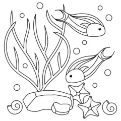Underwater coloring page forchildren. Plants and fish. Hand drawn vector illustration