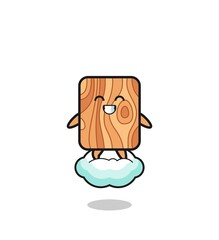cute plank wood illustration riding a floating cloud