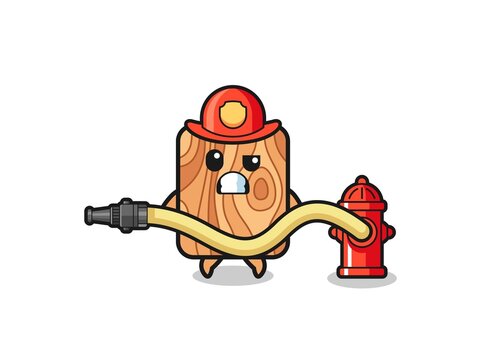 plank wood cartoon as firefighter mascot with water hose