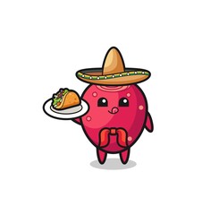 prickly pear Mexican chef mascot holding a taco