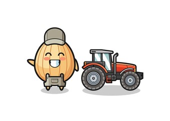 the almond farmer mascot standing beside a tractor