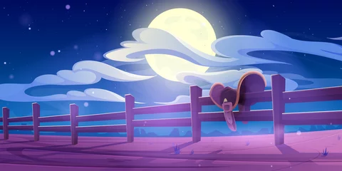 Foto op Plexiglas Western country landscape with horse saddle on wooden fence at night. Vector cartoon illustration of wild west desert, american ranch with cowboy saddle, paddock wood fence and full moon in sky © klyaksun