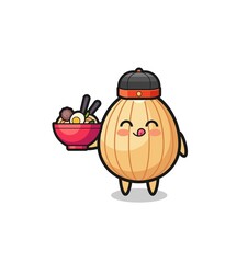 almond as Chinese chef mascot holding a noodle bowl