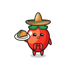 chili pepper Mexican chef mascot holding a taco