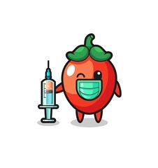 chili pepper mascot as vaccinator