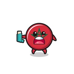 morocco flag mascot having asthma while holding the inhaler