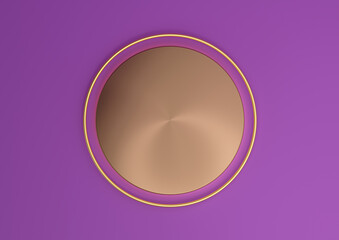 Bright purple, violet 3D rendering empty product display scene with cylinder podium or stand top view flat lay and golden line for luxury products minimal, simple background from above
