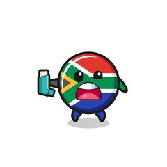 south africa flag mascot having asthma while holding the inhaler