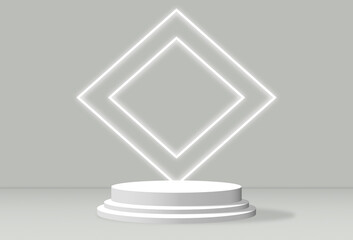 Abstract 3D rendering White pedestal cylinder podium base studio with a light on the wall. Geometric shape object illustration for banner, poster, and wallpaper. Display showcase product.