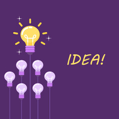 Bright idea concept with outage several bulbs and have one yellow lightbulb on a violet background. Vector illustration flat graphic design for banner, poster, and background with copy space.