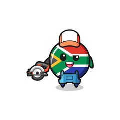 the woodworker south africa flag mascot holding a circular saw