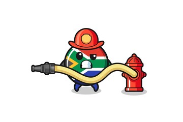 south africa flag cartoon as firefighter mascot with water hose
