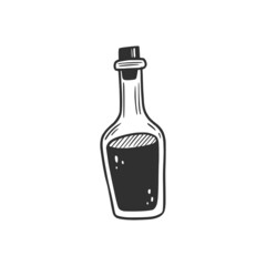 Hand drawn hipster bootle with black liquid. Doodle sketch style. Drawing line simple bottle icon. Isolated vector illustration.