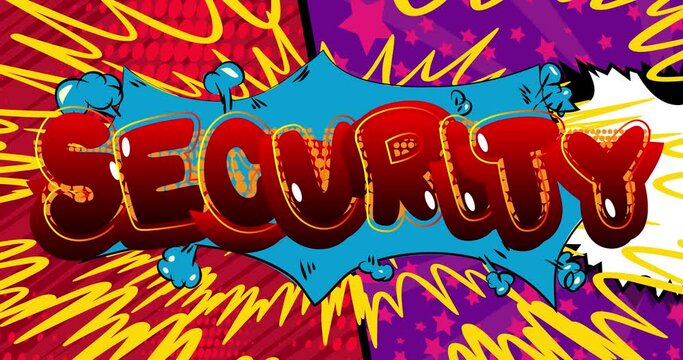 Security. Motion poster. 4k animated Comic book word text moving on abstract comics background. Retro pop art style.