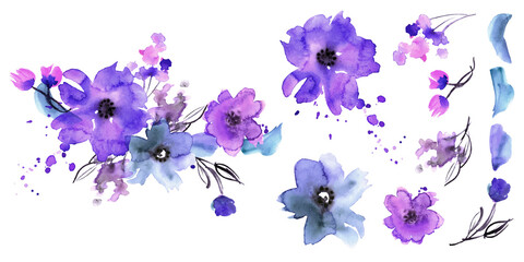 Fototapeta na wymiar Watercolor purple flowers. Elements for design of greeting cards, invitations. Vector illustration