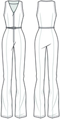 Sleeveless Front Zip Jumpsuit Front and Back View. Fashion Illustration, Vector, CAD, Technical Drawing, Flat Drawing.