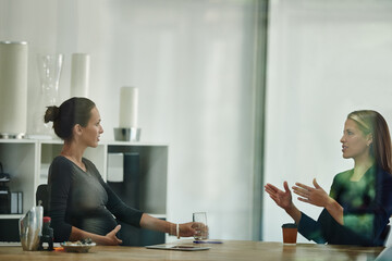 Time for one last meeting.... Shot of a pregnant businesswoman and a colleague talking together in...