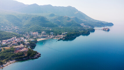 Obraz premium View from flying drone. Panoramic cityscape of becici, Budva, Montenegro. Top View. Beautiful destinations
