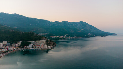 Fototapeta na wymiar View from flying drone. Panoramic cityscape of becici, Budva, Montenegro. Top View. Beautiful destinations