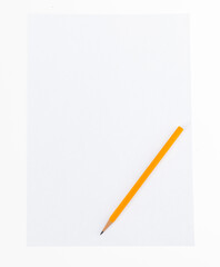 Pencil and blank paper on white background