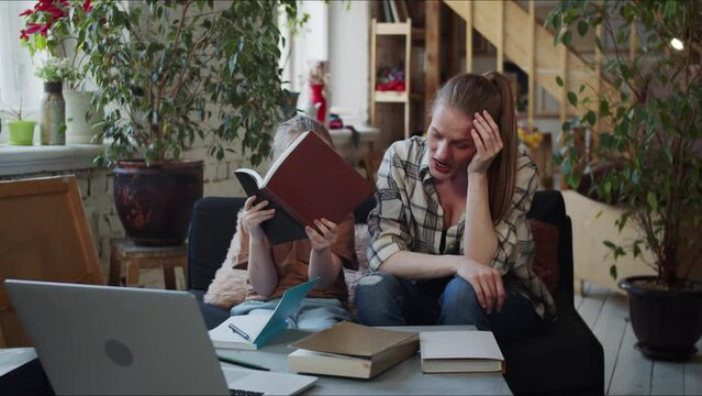 Child persistently begs mother to help with literature lessons