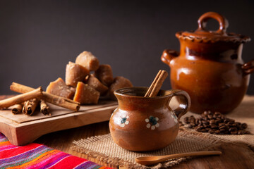 Cafe de Olla. Traditional Mexican coffee and basic ingredients for its preparation, coffee,...