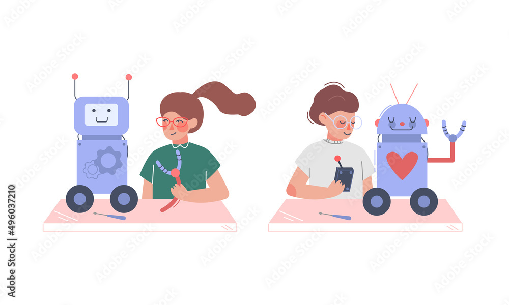 Poster girl and boy making and programming robots set. robotics for children cartoon vector illustration