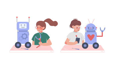 Girl and boy making and programming robots set. Robotics for children cartoon vector illustration
