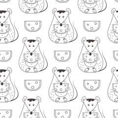 Vector seamless pattern with outline mice with cheese. Funny cartoon wallpaper.
