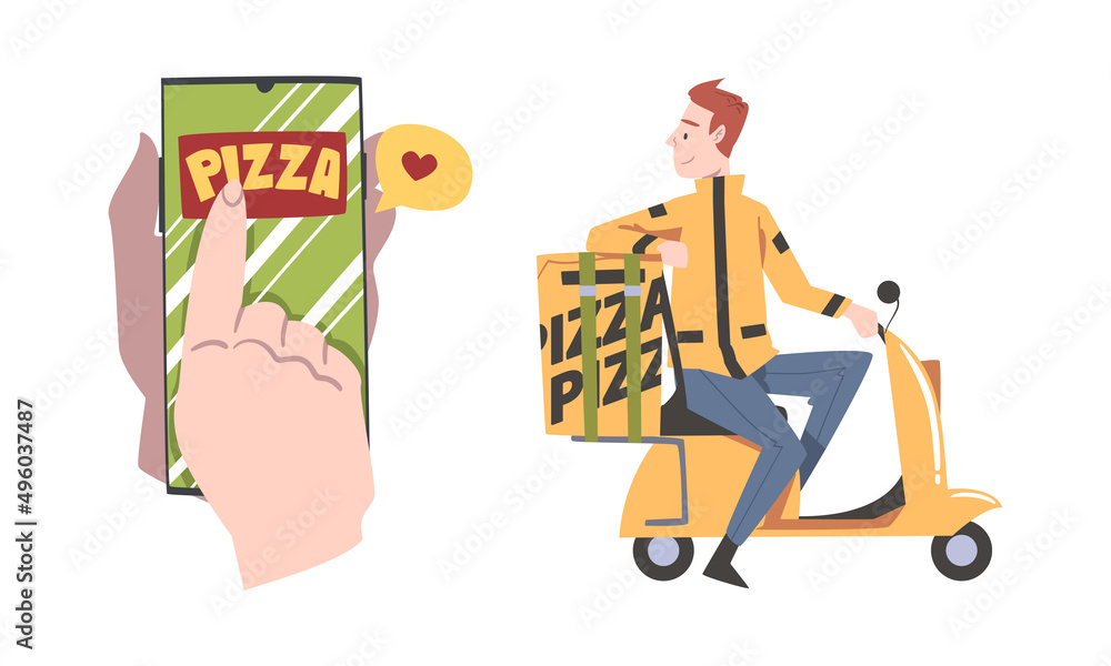 Poster couriers carrying boxes with tasty hot pizza set. online food delivery service cartoon vector illust