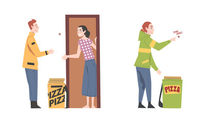 Couriers carrying boxes with tasty hot pizza set. Food delivery service cartoon vector illustration