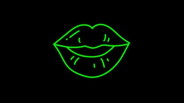 Animation green neon light mouth shape on black background.