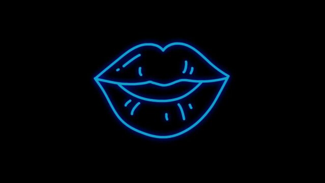 Animation blue neon light mouth shape on black background.