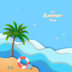Summer vacation holiday background with view of blue sea,coconut palm tree,swim ring,sandals and beach ball on paper cut and craft style