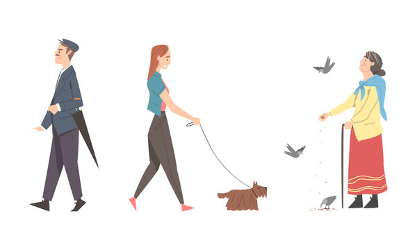 People Walking In Park Set. Senior Woman Feeding Birds In Park, Girl Walking With Dog Cartoon Vector Illustration