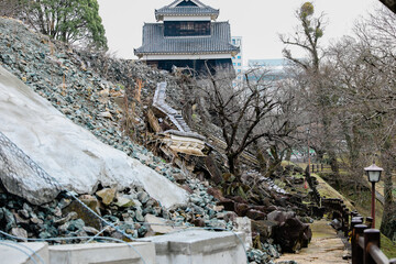 14 Jan 2020 - Kumamoto City, Kyushu, Japan : Damaged Kumamoto Castle. Damaged by a magnitude 6.2...