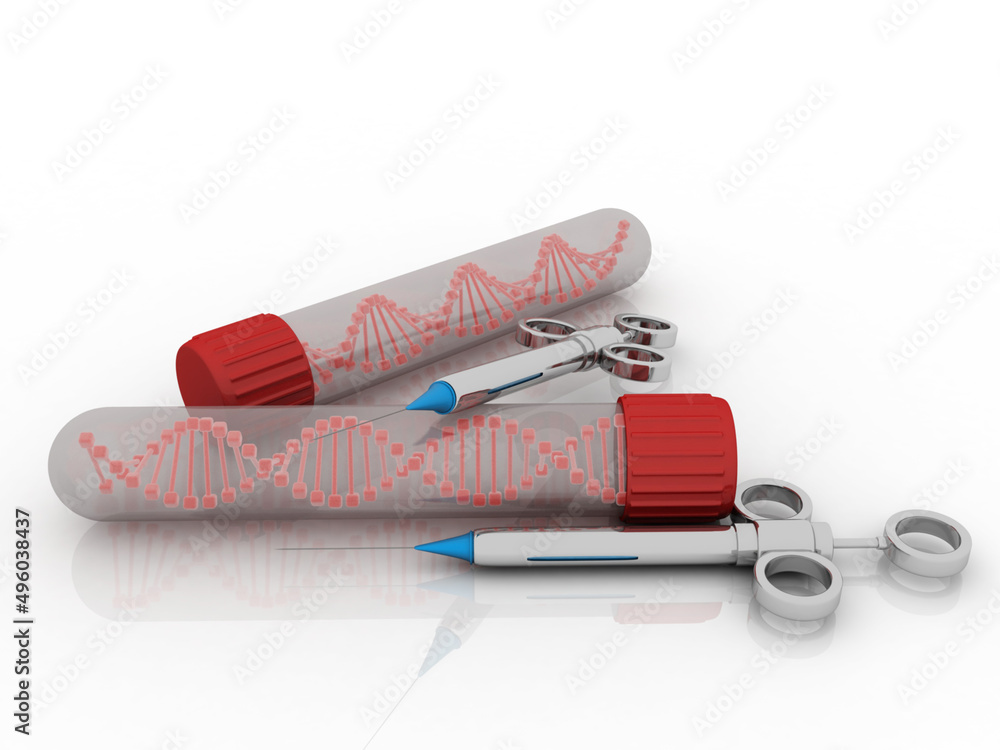 Poster 3d render of dna structure with syringe