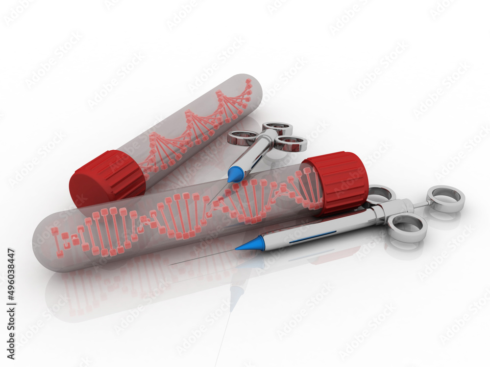 Poster 3d render of dna structure with syringe