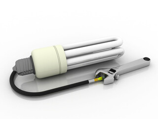 3d illustration optical cable connected cfl bulb with Adjustable wrench 
