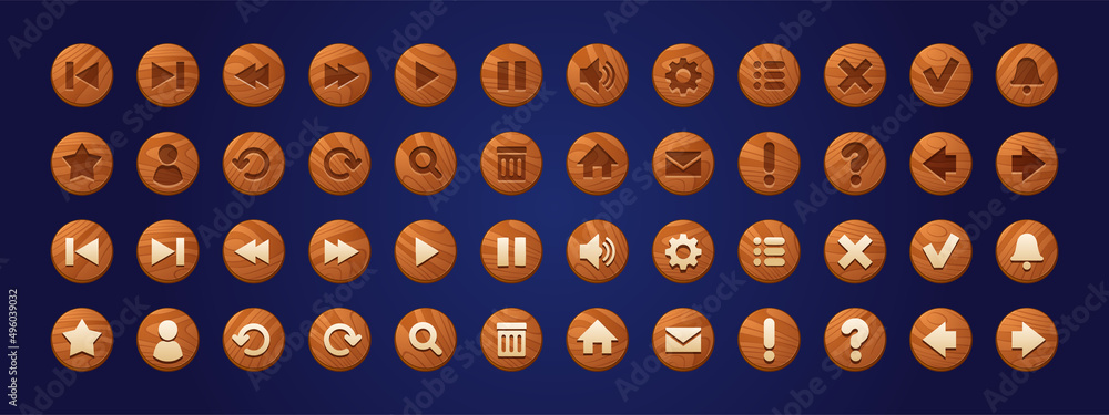 Poster wooden web buttons, round icons for game interface. vector cartoon set of brown ui elements with woo