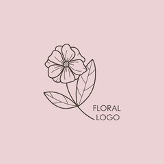 Hand drawn floral logo. Botanical line emblem, natural logotype template for spa and beauty salon, boutique. Elegant plant, organic label minimal style, rustic wedding card vector illustration