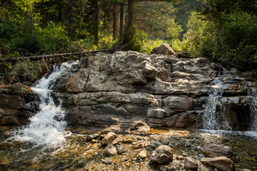 Mountain stream water falls over mossy rocks