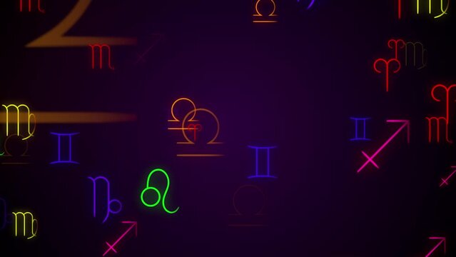 Zodiac Sign Icon Symbols  in Neon Style Seamles Background Loop for Astrology, Horoscope, Science Presentations, Webs Etc.it Can Be Used Also in Vj Loops and Screen Saver Also.