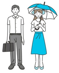 日傘をさして熱中症対策をするビジネスウーマンクールビズをするサラリーマンと熱中症対策アイコンのベクターイラスト素材／夏／熱中症／日傘